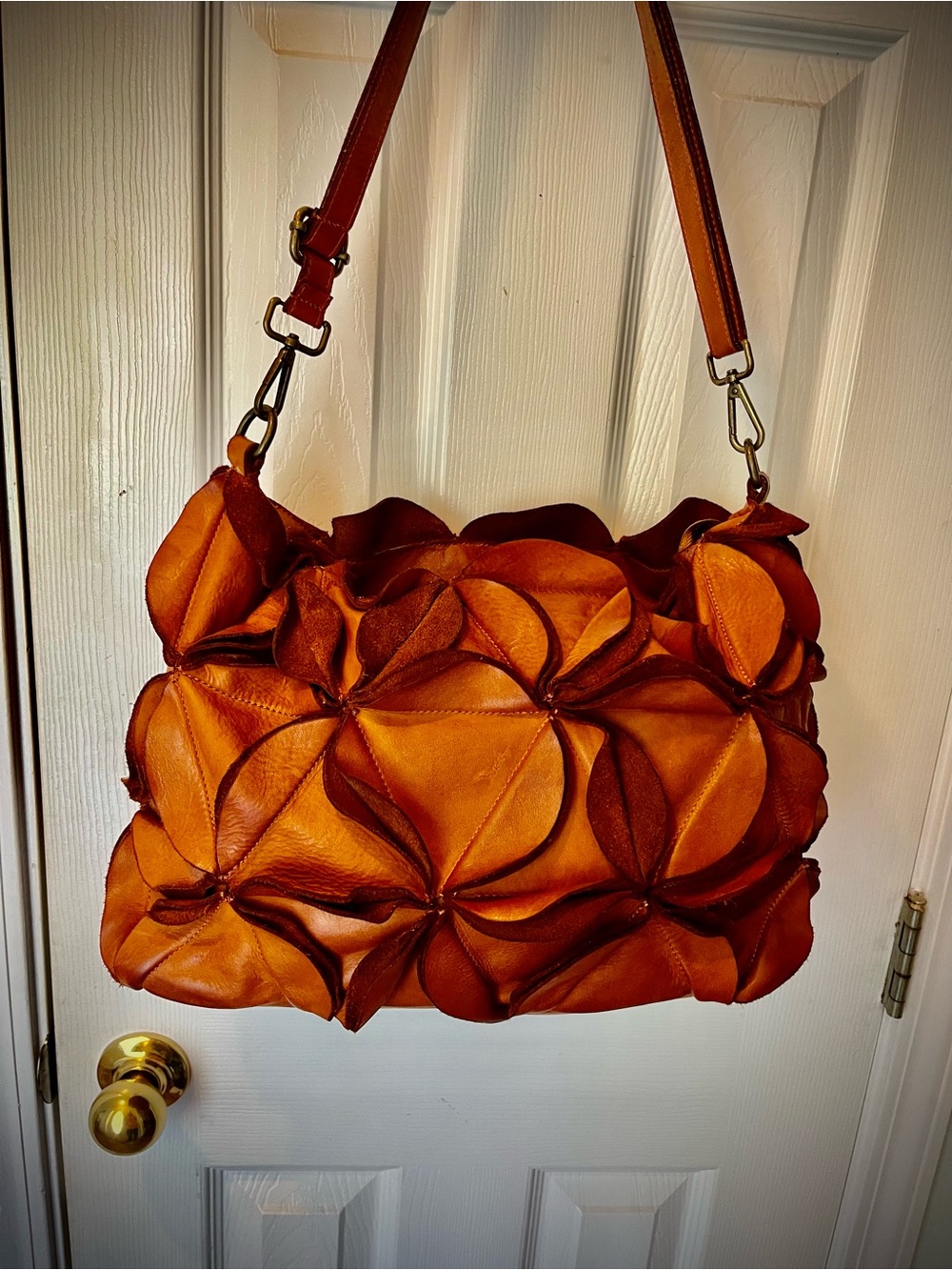 NWOT-ISADORA Large Italian, Genuine Leather Ruffle Shoulder Bag in Cognac Brown